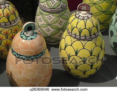Stock Photograph -  Montpelier, VT, Vermont, Farmer's Market, Hand painted glassware, ceramics. Fotosearch