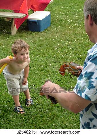 Stock Image -  Montpelier, VT, Vermont, father showing young son a live lobster. Fotosearch