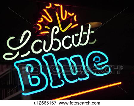 Stock Photo -  Montpelier, VT, Vermont, Neon Labatt Blue Beer sign, window. Fotosearch