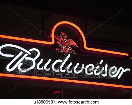 Stock Photo -  Montpelier, VT, Vermont, Neon Budweiser Beer sign, window. Fotosearch