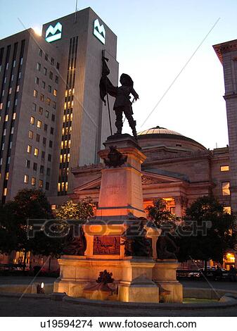 Picture -  Montreal, Canada, QC, Quebec, Old Montreal, Place d'Armes, Maisonneuve Statue, founder of Montreal, evening. Fotosearch