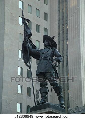 Stock Photo -  Montreal, Canada, QC, Quebec, Old Montreal, Place d'Armes, Maisonneuve Statue, founder of Montreal. Fotosearch
