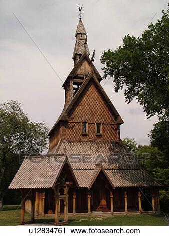 Stock Image -  Moorhead, MN, Minnesota, Heritage Hjemkomst Interpretive Center, Stave Church. Fotosearch