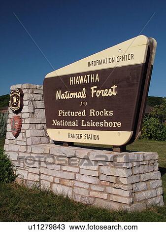 Stock Image -  Munising, MI, Michigan, Lake Superior, Pictured Rocks National Lakeshore, Hiawatha National Forest, Ranger Station, entrance sign. Fotosearch
