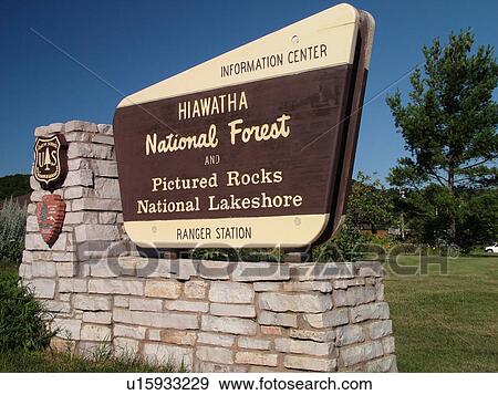 Munising, MI, Michigan, Lake Superior, Pictured Rocks National Lakeshore, Hiawatha National Forest, Ranger Station, entrance sign View Large Photo Image Stock Photo - Munising, MI, Michigan, Lake Superior, Pictured Rocks National Lakeshore, Hiawatha National Forest, Ranger Station, entrance sign. Fotosearch