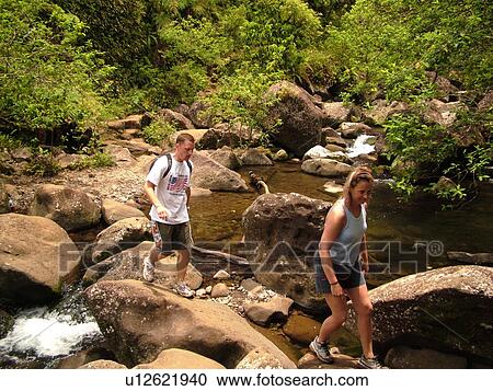 Stock Image -  Napali Coast, Kauai, HI, Hawaii, North Shore, Na Pali, Kalalau Trail, Hanakapiai Valley, Hanakapiai River. Fotosearch