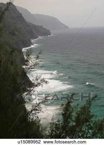 Stock Image -  Napali Coast, Kauai, HI, Hawaii, North Shore, Na Pali, Kalalau Trail, steep cliffs. Fotosearch
