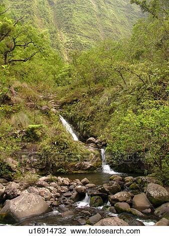 Stock Image -  Napali Coast, Kauai, HI, Hawaii, North Shore, Na Pali, Kalalau Trail, Hanakapiai Valley, Hanakapiai River. Fotosearch