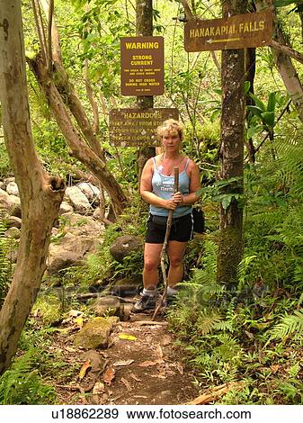 Stock Photo -  Napali Coast, Kauai, HI, Hawaii, North Shore, Na Pali, Kalalau Trail, Hanakapiai Valley, Hanakapiai River Trail, trail signs. Fotosearch