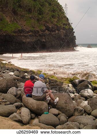 Stock Photo -  Napali Coast, Kauai, HI, Hawaii, North Shore, Na Pali, Kalalau Trail, Hanakapiai Valley, Hanakapiai Beach. Fotosearch