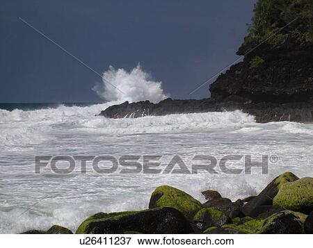 Stock Photo -  Napali Coast, Kauai, HI, Hawaii, North Shore, Na Pali, Kalalau Trail, Hanakapiai Valley, Hanakapiai Beach. Fotosearch