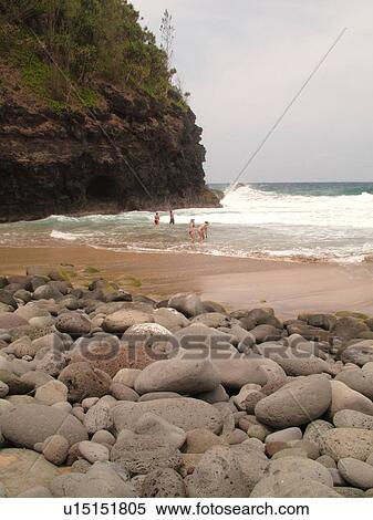 Stock Photography -  Napali Coast, Kauai, HI, Hawaii, North Shore, Na Pali, Kalalau Trail, Hanakapiai Valley, Hanakapiai Beach. Fotosearch