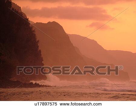 Napali Coast, Kauai, HI, Hawaii, North Shore, Na Pali, Kalalau Trail, Kee Beach, Haena State Park, sunset View Large Photo Image Stock Photography - Napali Coast, Kauai, HI, Hawaii, North Shore, Na Pali, Kalalau Trail, Kee Beach, Haena State Park, sunset. Fotosearch