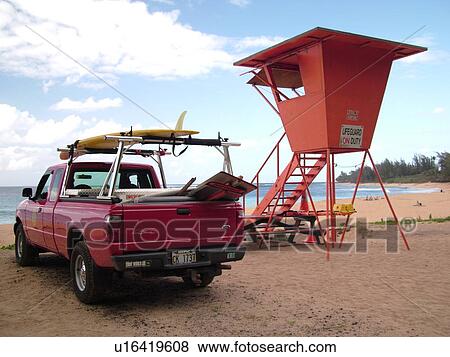 Napali Coast, Princeville, Kauai, HI, Hawaii, North Shore, Na Pali, Haena Beach Park, Tunnels beach, Lifeguard Hut, lifeguard on Duty, Red Pick-Up Truck, surfboard View Large Photo Image Stock Photo - Napali Coast, Princeville, Kauai, HI, Hawaii, North Shore, Na Pali, Haena Beach Park, Tunnels beach, Lifeguard Hut, lifeguard on Duty, Red Pick-Up Truck, surfboard. Fotosearch