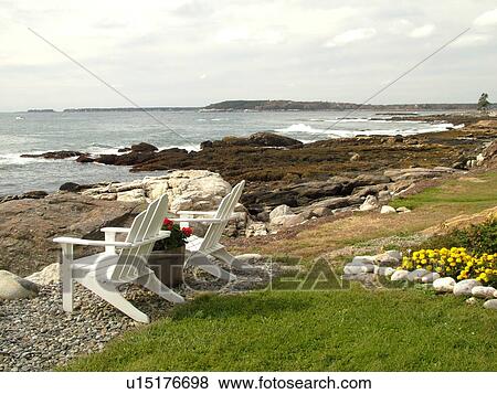 Stock Photo -  Newagen, ME, Maine, Southport Island, two Adirondack chairs. Fotosearch