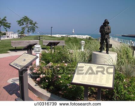 Stock Photo -  Port Washington, WI, Wisconsin, Lake Michigan, Rotary Park, lakefront, Fishermen and Shorehands Monument. Fotosearch