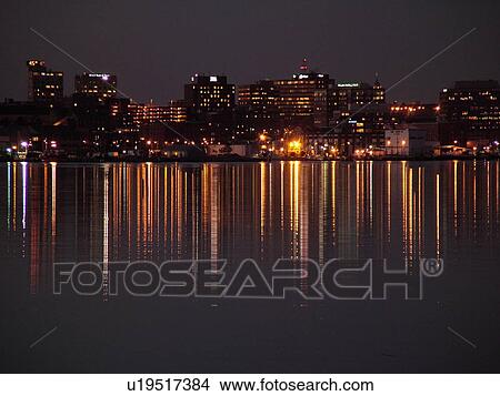 Picture -  Portland, ME, Maine, Fore River, Casca Bay, Portland Harbor, evening, reflection. Fotosearch