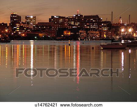 Stock Image -  Portland, ME, Maine, Fore River, Casca Bay, Portland Harbor, evening, reflection. Fotosearch