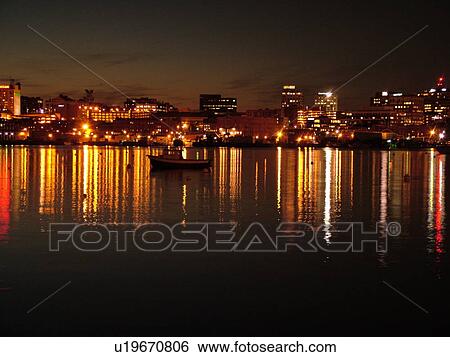 Stock Photograph -  Portland, ME, Maine, Fore River, Casca Bay, Portland Harbor, evening, reflection. Fotosearch
