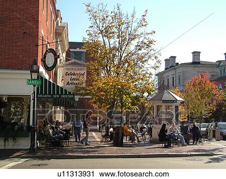 Stock Image -  Portsmouth, NH, New Hampshire, Old Harbor, Historic Downtown, outdoor cafT. Fotosearch