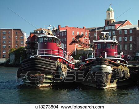 Portsmouth, NH, New Hampshire, Piscataqua River, Barker's Wharf, Old Harbor, Tug Boats, The Tuggs View Large Photo Image Picture - Portsmouth, NH, New Hampshire, Piscataqua River, Barker's Wharf, Old Harbor, Tug Boats, The Tuggs. Fotosearch