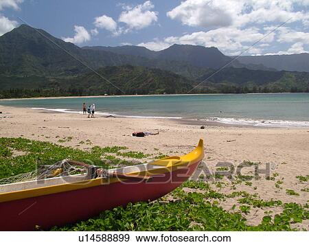 Stock Photo -  Princeville, Kauai, HI, Hawaii, North Shore, Hanalei Bay, Black Pot Beach Park, Hanalei Beach Park, outrigger canoe. Fotosearch