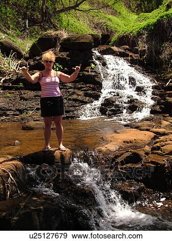 Stock Photo -  Princeville, Kauai, HI, Hawaii, North shore, Hanalei Beach Trail, waterfalls, woman. Fotosearch