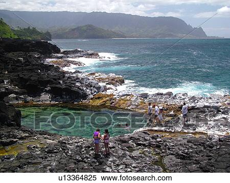 Stock Photography -  Princeville, Kauai, HI, Hawaii, North shore, Hanalei Beach Trail, Hanalei Bay, Queen's Bath. Fotosearch