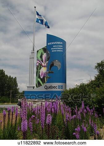 Stock Image -  Quebec, Canada, QC, Bienvenue, Welcome Center, sign, border, I-89. Fotosearch