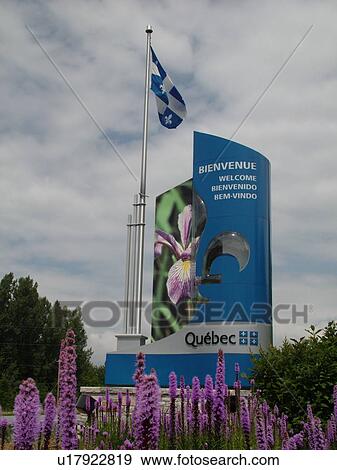Stock Photo -  Quebec, Canada, QC, Bienvenue, Welcome Center, sign, border, I-89. Fotosearch