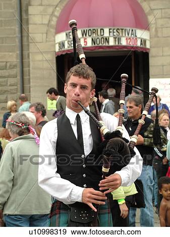 Stock Photo -  Randolph, VT, Vermont, New World Festival, Man playing the Bagpipes. Fotosearch