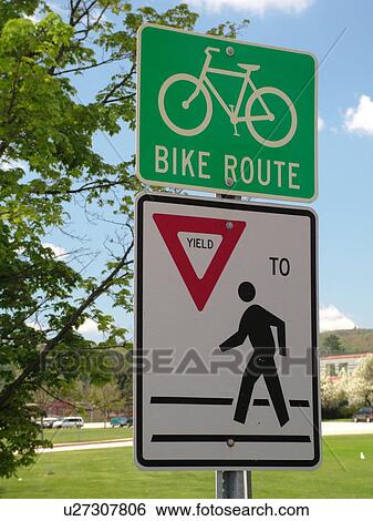 road sign, Bike Route sign, Yield to Pedestrian in crosswalk sign, pedestrian crossing sign, regulatory signs View Large Photo Image Stock Photograph - road sign, Bike Route sign, Yield to Pedestrian in crosswalk sign, pedestrian crossing sign, regulatory signs. Fotosearch