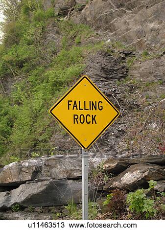 Stock Image -  road sign, Falling Rock, warning sign, . Fotosearch