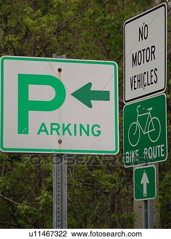 Stock Image -  road sign, Parking sign, No Motor Vehicles, Bike Route sign, regulatory signs. Fotosearch
