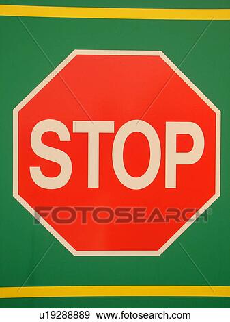 Stock Photo -  road sign, Stop sign on green background. Fotosearch