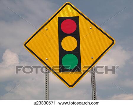 Stock Image -  road sign, Traffic Signals Ahead sign, approaching intersection, warning sign. Fotosearch