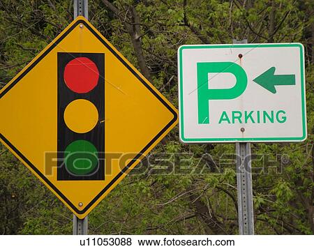 Stock Photo -  road sign, Traffic Signals Ahead sign, approaching intersection, warning sign, Parking sign. Fotosearch