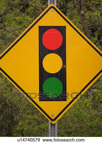 Stock Photo -  road sign, Traffic Signals Ahead sign, approaching intersection, warning sign. Fotosearch