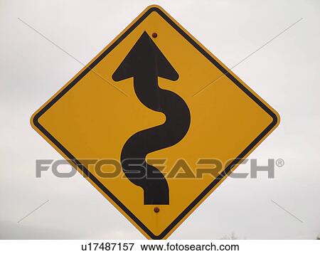 Stock Photo -  road sign, Winding Road Ahead, warning sign, . Fotosearch