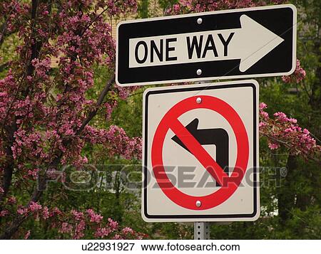 road signs, One Way, no left turn sign, regulatory signs View Large Photo Image Stock Photo - road signs, One Way, no left turn sign, regulatory signs. Fotosearch