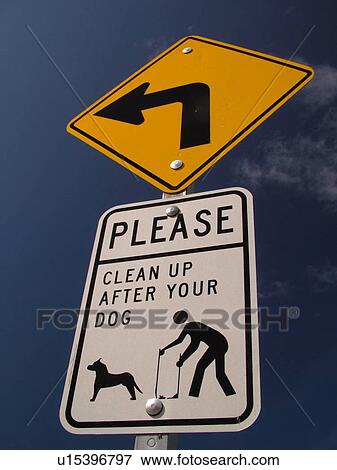 road signs, Sharp Turn left sign against a blue sky, sharp curve, bend in the road, clean up after your dog sign View Large Photo Image Stock Photo - road signs, Sharp Turn left sign against a blue sky, sharp curve, bend in the road, clean up after your dog sign. Fotosearch