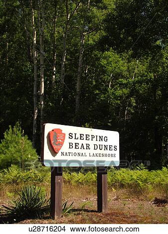 Picture -  Sleeping Bear Sand Dunes National Lakeshore, MI, Michigan, Lake Michigan, entrance sign. Fotosearch