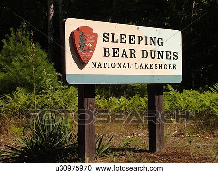 Stock Image -  Sleeping Bear Sand Dunes National Lakeshore, MI, Michigan, Lake Michigan, entrance sign. Fotosearch