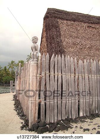 Picture -  South Kona, Big Island, Island of Hawaii, HI, Hawaii, Kona Coast, Leeward, West Coast, Captain Cook, Honaunau, Pu'uhonua O Honaunau National Historical Park, Place of Refuge, Kii, carved wooden images of Gods, guardians, Temple. Fotosearch