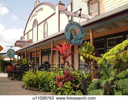Stock Image -  South Kona, Big Island, Island of Hawaii, HI, Hawaii, Kona Coast, Leeward, West Coast, Kainaliu, Aloha Theatre, Home of Aloha Community Players, Aloha Angel CafT. Fotosearch