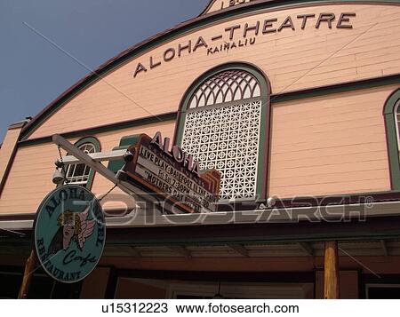 Stock Image -  South Kona, Big Island, Island of Hawaii, HI, Hawaii, Kona Coast, Leeward, West Coast, Kainaliu, Aloha Theatre, Home of Aloha Community Players, Aloha Angel CafT. Fotosearch