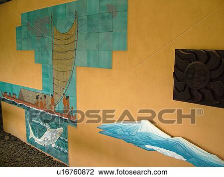 Stock Image -  South Kona, Big Island, Island of Hawaii, HI, Hawaii, Kona Coast, Leeward, West Coast, Captain Cook, Honaunau, Pu'uhonua O Honaunau National Historical Park, Place of Refuge, wall mural, visitor center. Fotosearch