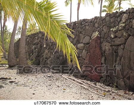 Stock Image -  South Kona, Big Island, Island of Hawaii, HI, Hawaii, Kona Coast, Leeward, West Coast, Captain Cook, Honaunau, Pu'uhonua O Honaunau National Historical Park, Place of Refuge, The Great Wall, 10 feet high, 17 feet thick, . Fotosearch