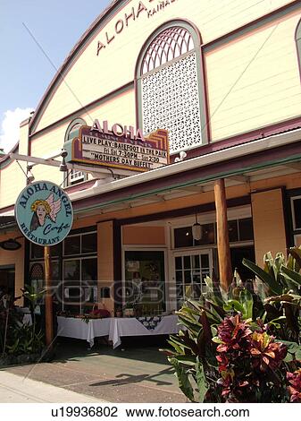 Stock Image -  South Kona, Big Island, Island of Hawaii, HI, Hawaii, Kona Coast, Leeward, West Coast, Kainaliu, Aloha Theatre, Home of Aloha Community Players, Aloha Angel CafT. Fotosearch