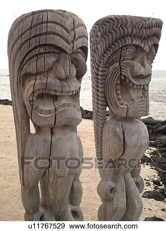 South Kona, Big Island, Island of Hawaii, HI, Hawaii, Kona Coast, Leeward, West Coast, Captain Cook, Honaunau, Pu'uhonua O Honaunau National Historical Park, Place of Refuge, Kii, carved wooden images of Gods, guardians, View Large Photo Image Stock Photo - South Kona, Big Island, Island of Hawaii, HI, Hawaii, Kona Coast, Leeward, West Coast, Captain Cook, Honaunau, Pu'uhonua O Honaunau National Historical Park, Place of Refuge, Kii, carved wooden images of Gods, guardians, . Fotosearch